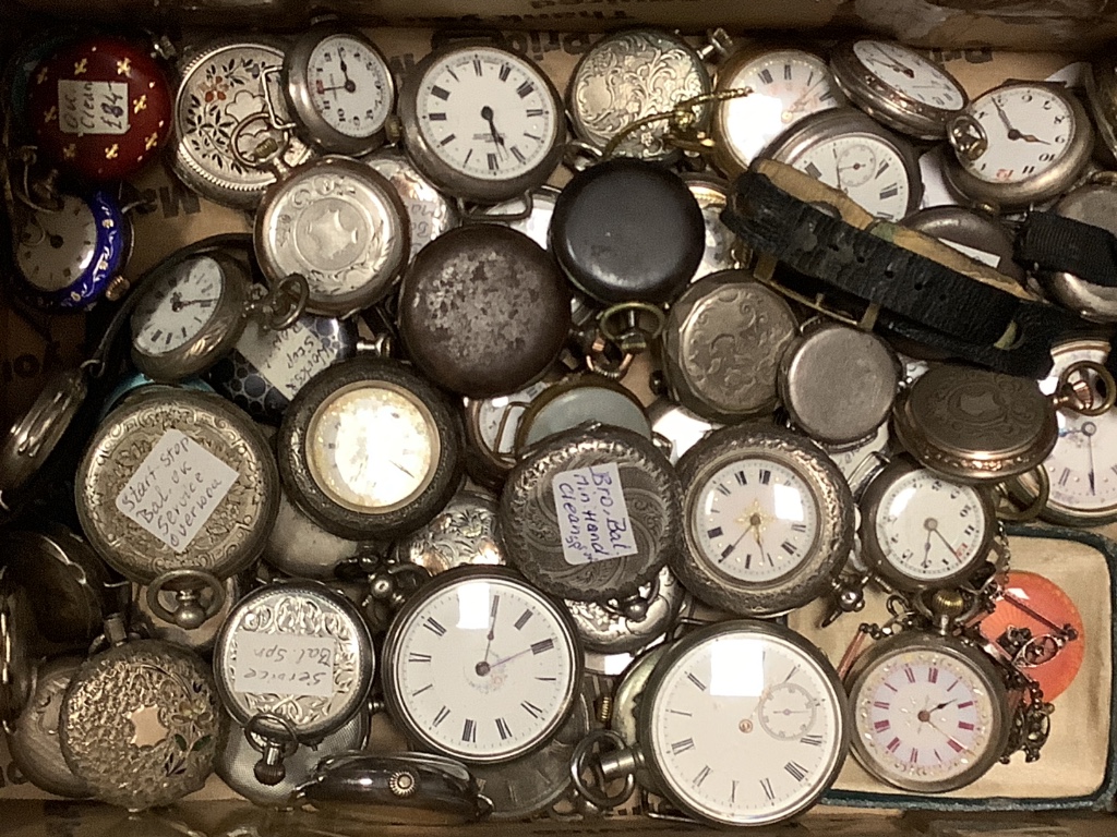 A collection of mainly early 20th century and later silver or white metal fob and wrist watches including some with enamel.